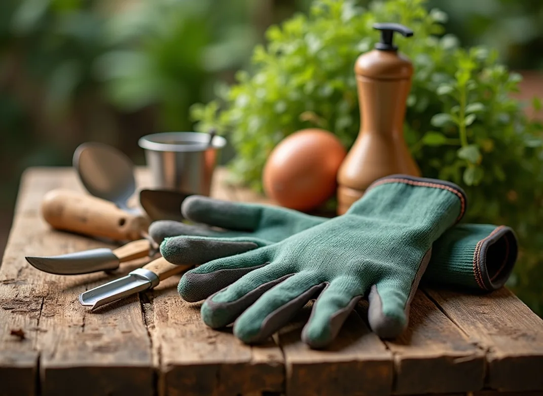 Garden gloves and tools on table