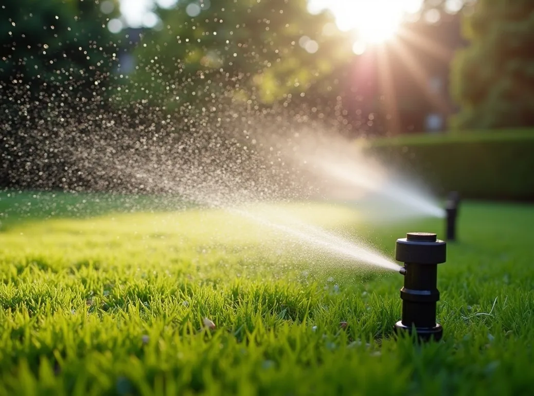 Irrigation system sprinklers watering lawn