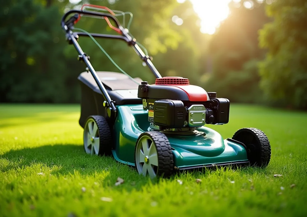 Lawn mower on fresh cut grass