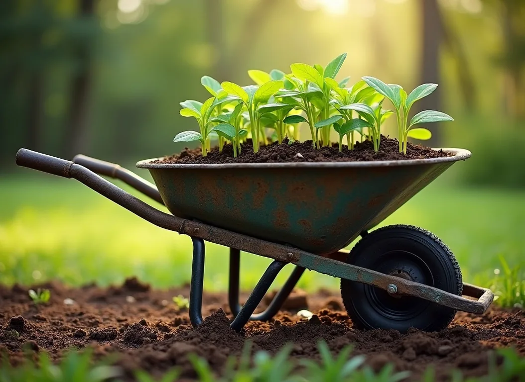Wheelbarrow with soil and seedlings